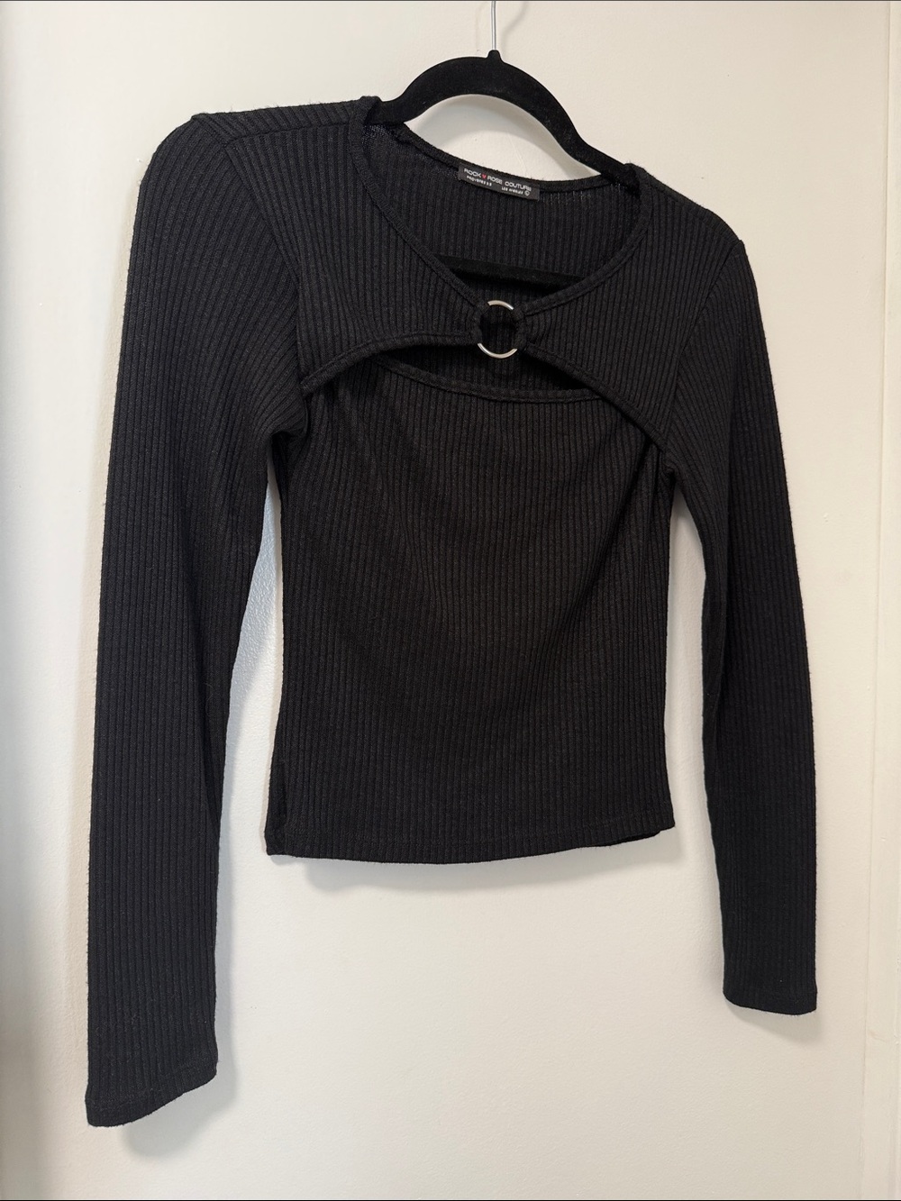 Rock Rose Couture | Black Ribbed Long-Sleeve Top with Silver O-Ring - Picture 3 of 6